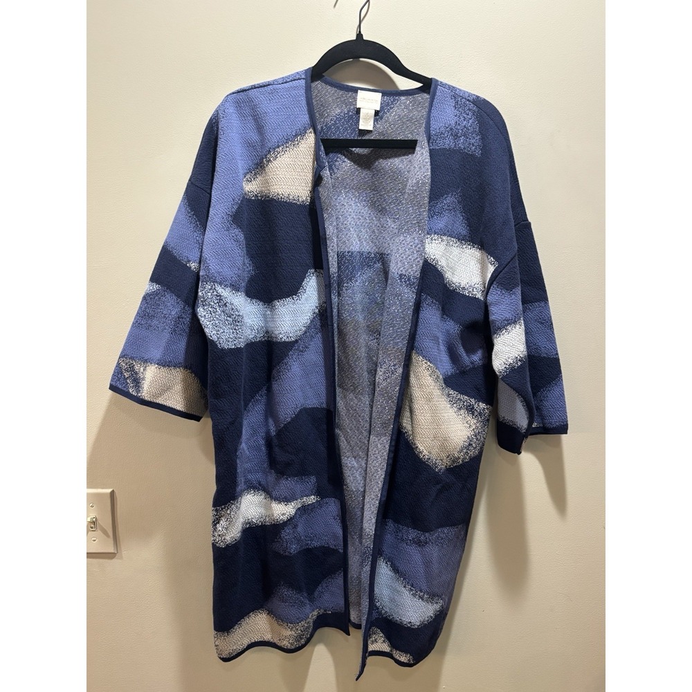 Chico's Cardigan Womens Size 3 Blue Cotton Blend Color Block Open‎ Front Sweater